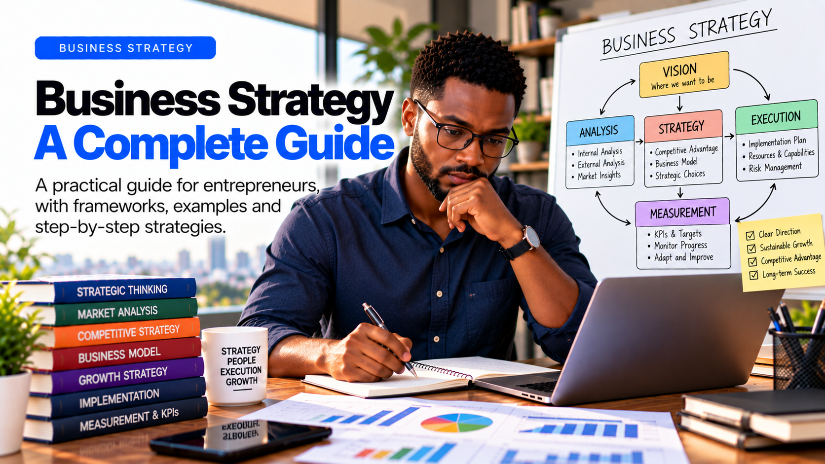 Cover art showing an entrepreneur in glasses writing in a notebook at a desk with a laptop, printed charts and a stack of books titled Strategic Thinking, Market Analysis, Competitive Strategy, Business Model, Growth Strategy, Implementation and Measurement & KPIs, beside a whiteboard headed Business Strategy diagramming Vision, Analysis, Strategy, Execution and Measurement, with a checklist for Clear Direction, Sustainable Growth, Competitive Advantage and Long-term Success. The cover reads "Business Strategy: A Complete Guide" with the subtext "A practical guide for entrepreneurs, with frameworks, examples and step-by-step strategies."