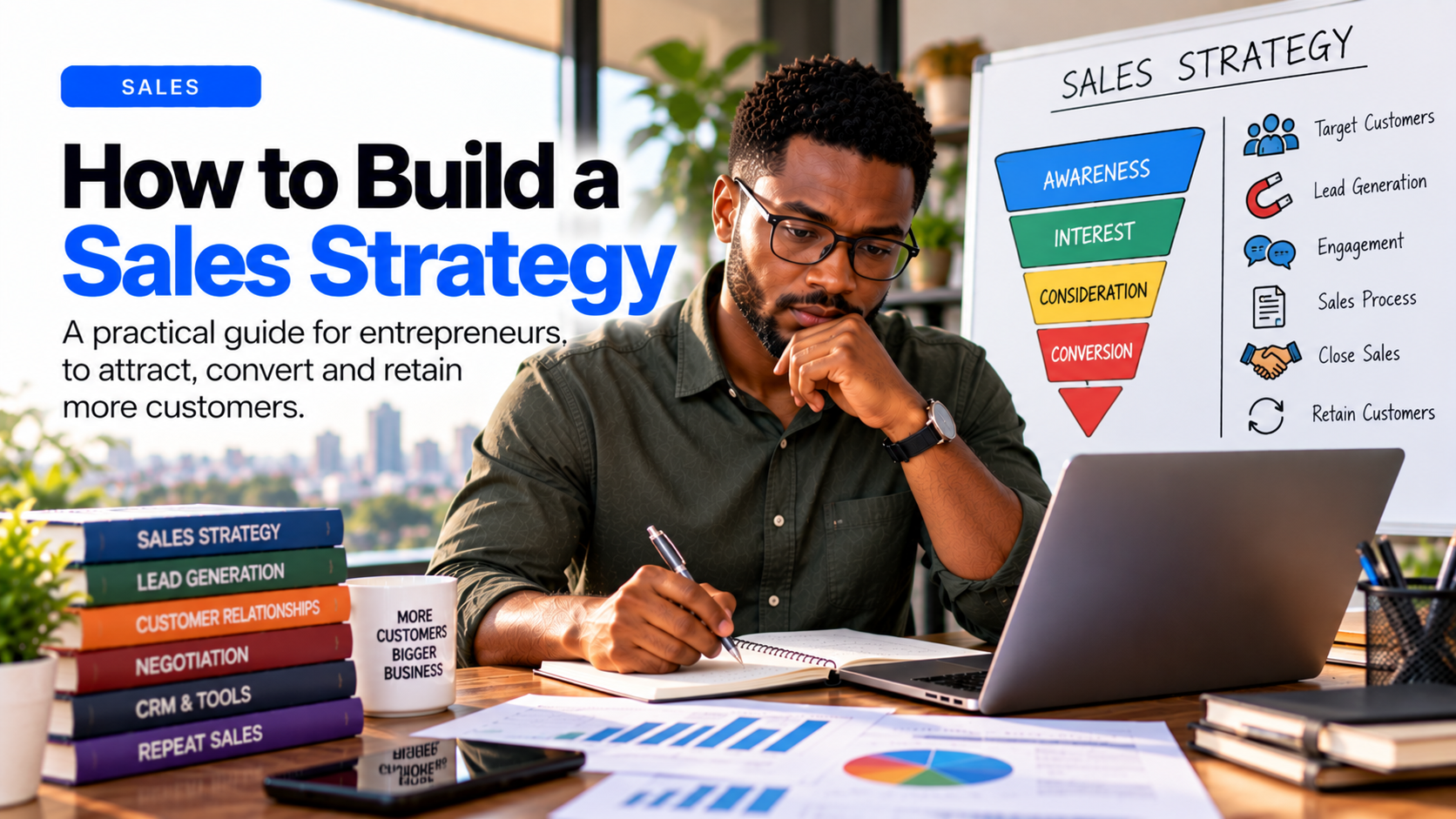 Cover art showing an entrepreneur in glasses seated at a desk with a laptop, notebook and printed charts, beside a stack of books titled Sales Strategy, Lead Generation, Customer Relationships, Negotiation, CRM & Tools and Repeat Sales, and a whiteboard headed Sales Strategy showing a funnel of Awareness, Interest, Consideration and Conversion. The cover reads "How to Build a Sales Strategy" with the subtext "A practical guide for entrepreneurs, to attract, convert and retain more customers."