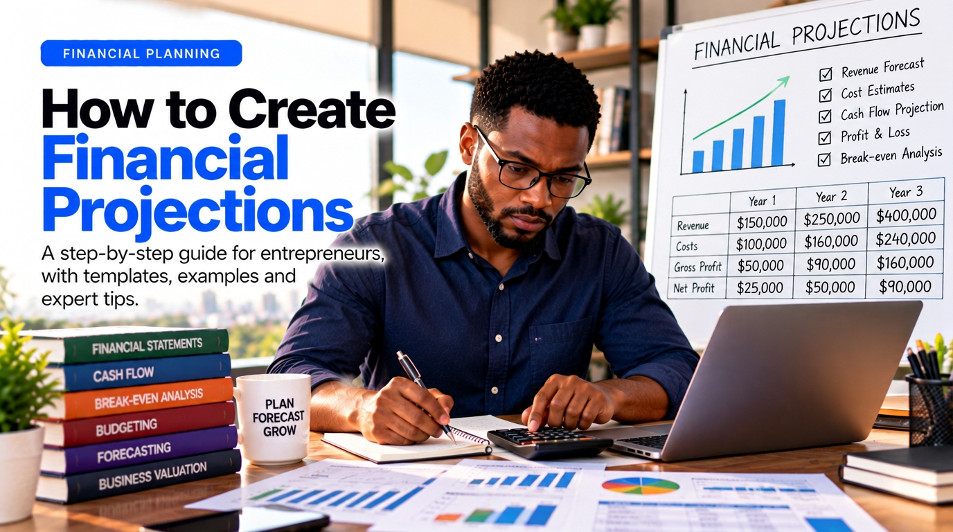 Cover art showing an entrepreneur in glasses writing in a notebook at a desk with printed financial reports, a calculator, a laptop and a stack of books titled Financial Statements, Cash Flow, Break-Even Analysis, Budgeting, Forecasting and Business Valuation, beside a whiteboard headed Financial Projections listing Revenue Forecast, Cost Estimates, Cash Flow Projection, Profit & Loss and Break-even Analysis above a three-year table of dollar figures. The cover reads "How to Create Financial Projections" with the subtext "A step-by-step guide for entrepreneurs, with templates, examples and expert tips."